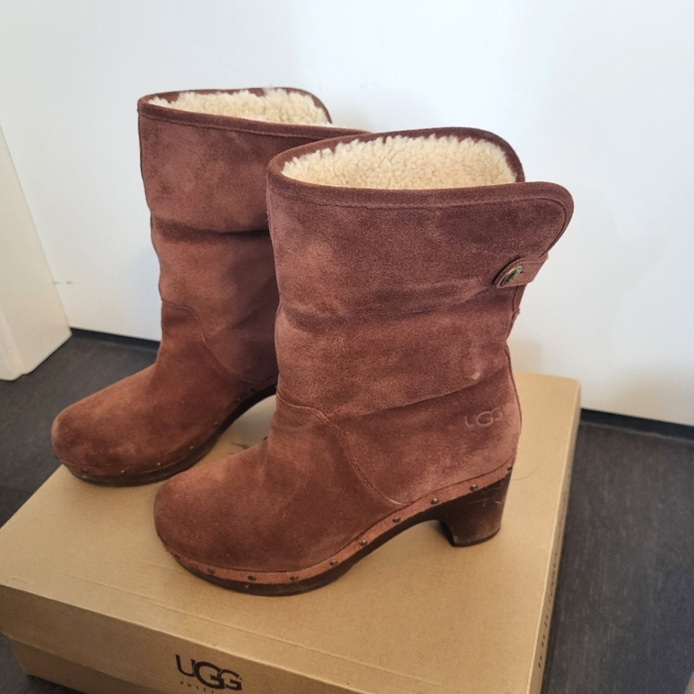 UGG Lynnea Cinnamon Suede Sheepskin Ankle/Mid Calf Wooden Clog Boots